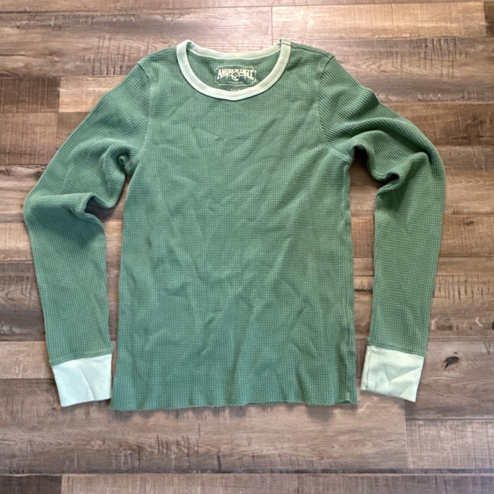 Vintage Style American Eagle Waffle Knit Thermal Shirt Green Sz S Cozy